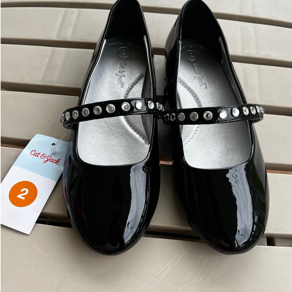 Cat & Jack Brooke Girls Black Patent Rhinestone Mary Jane Flats Size‎ 2 NEW